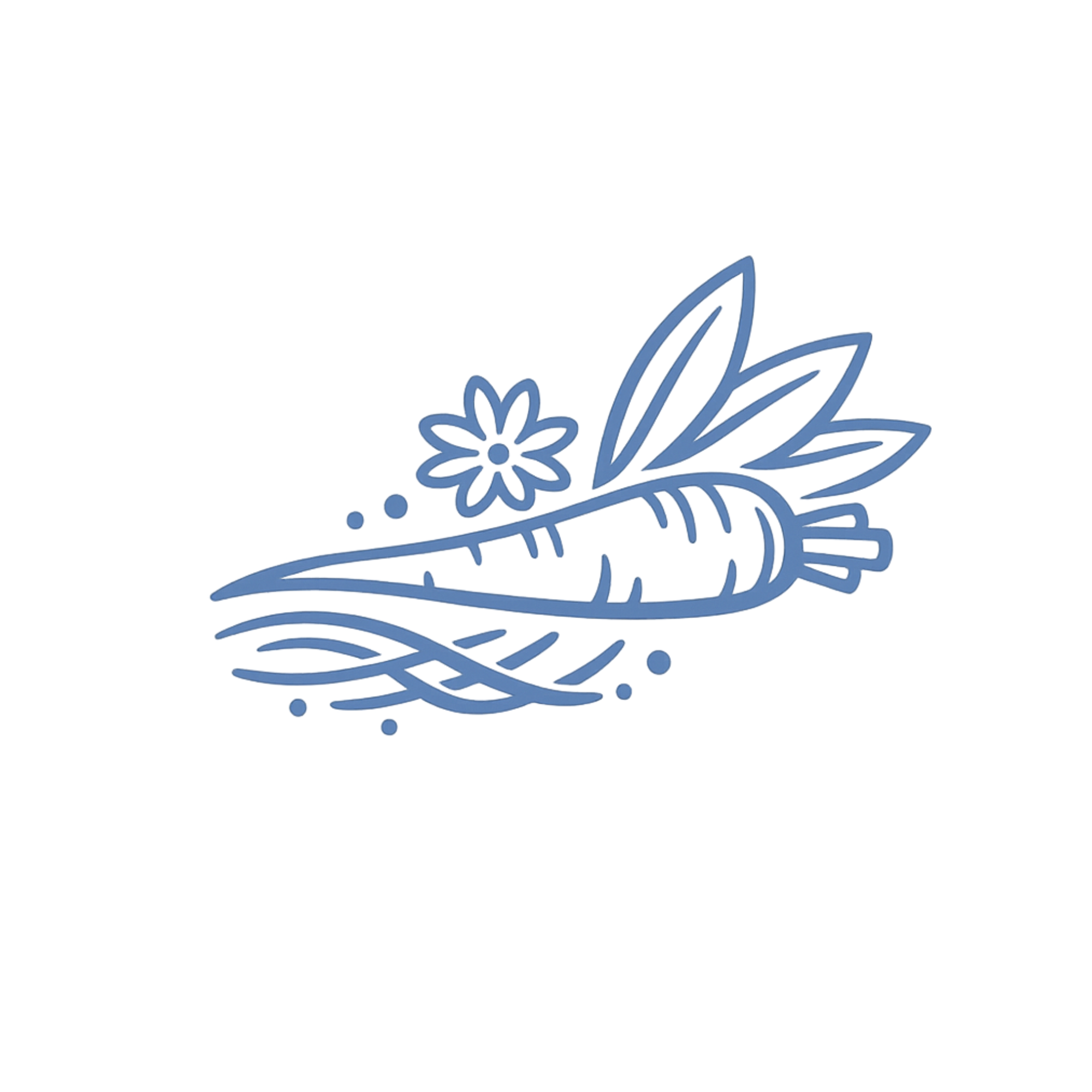 A stylized blue line drawing of a carrot with leaves and a small flower.