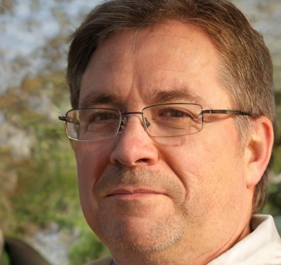 Man with glasses and short hair, outdoors with blurred background.