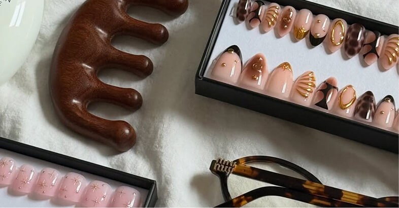 Assorted nail art designs displayed with a wooden massage tool and tortoiseshell hair clip.