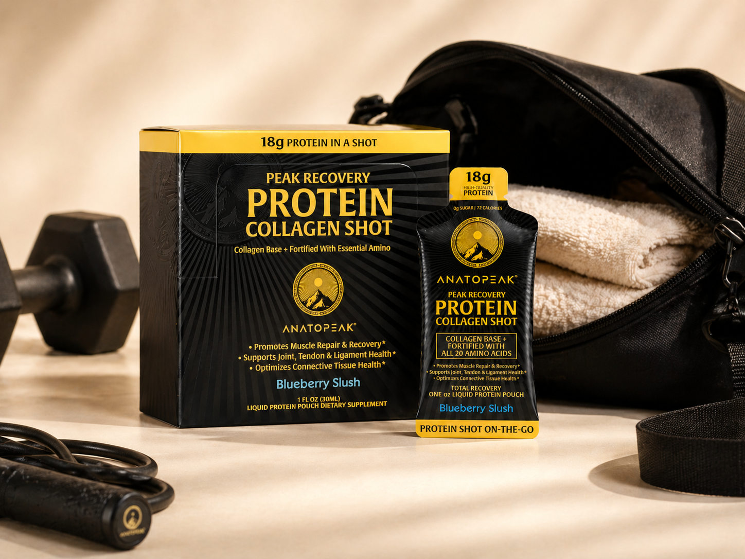 Anatopeak Protein Collagen Shot box and pouch sit on a table with a dumbbell and gym bag.