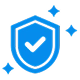 A blue shield icon with a white checkmark and three sparkles.