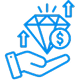 A blue line icon of a hand holding a diamond with a dollar sign and upward arrows.