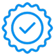 A blue icon of a checkmark inside a circular seal with a wavy edge.