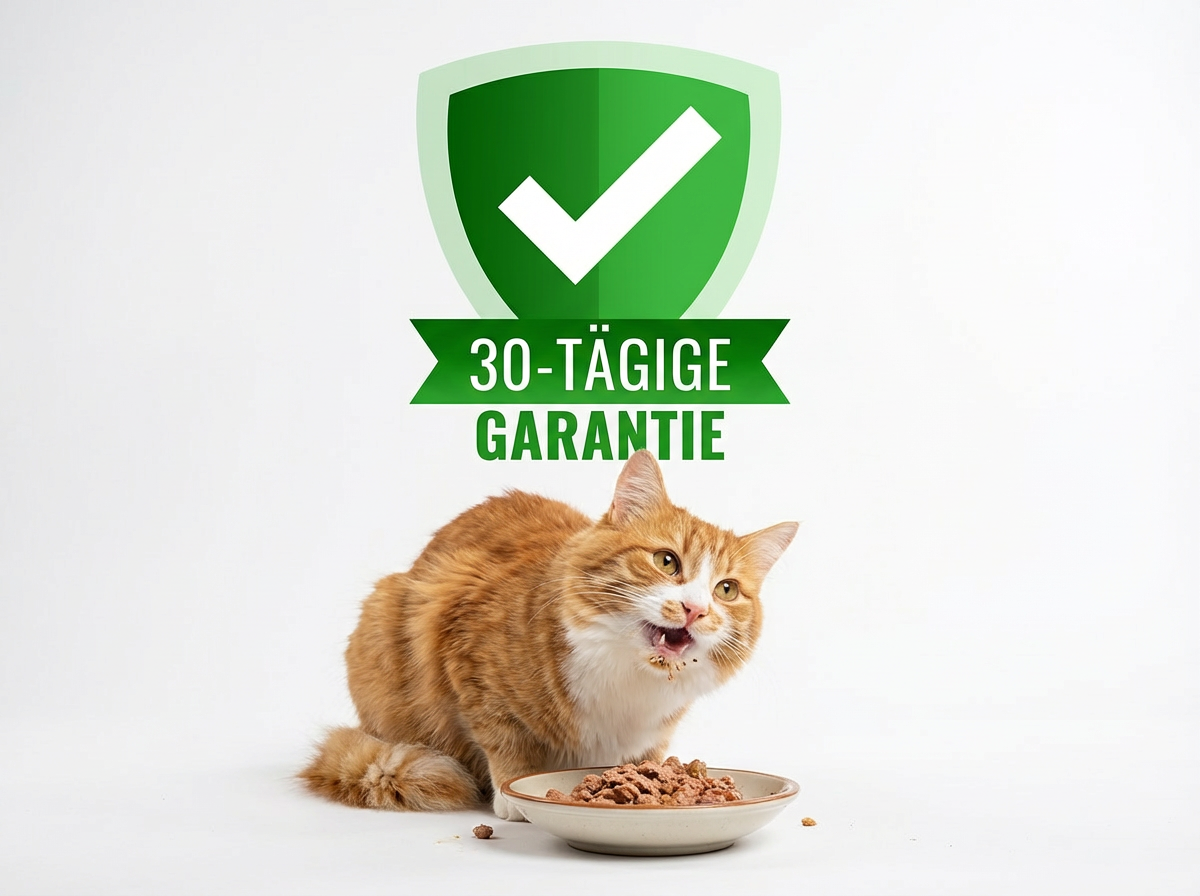 A ginger and white cat eats from a bowl beneath a '30-Tägige Garantie' graphic.