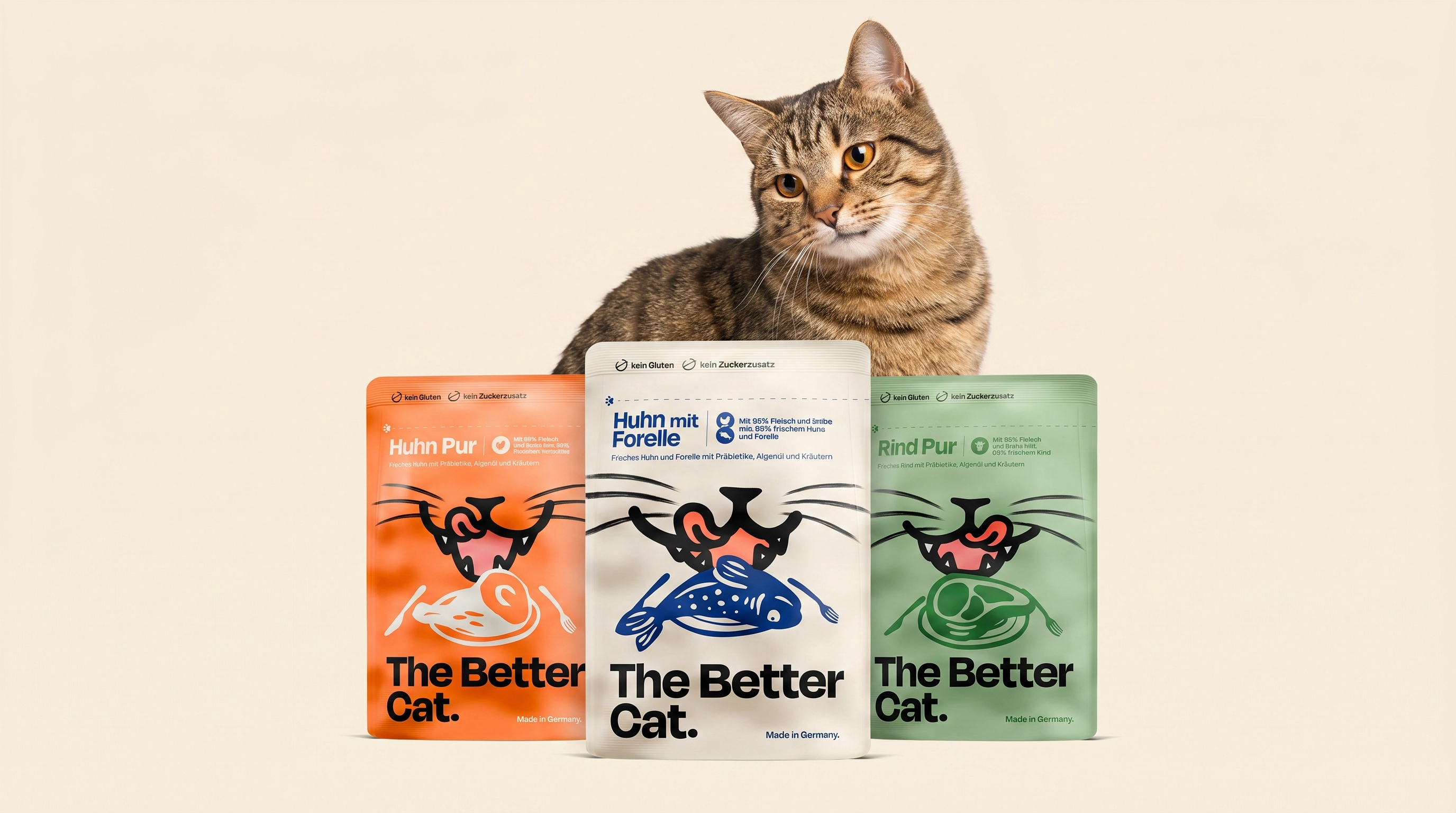 A brown tabby cat sits behind three colorful pouches of 'The Better Cat' brand cat food.