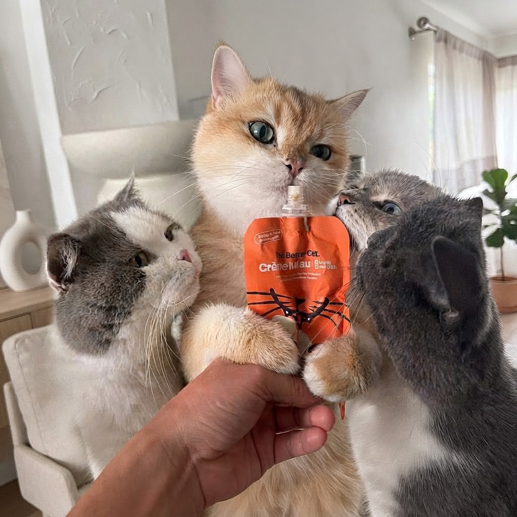 A person's hand holds a pouch of cat food while three cats eagerly crowd around to eat it.