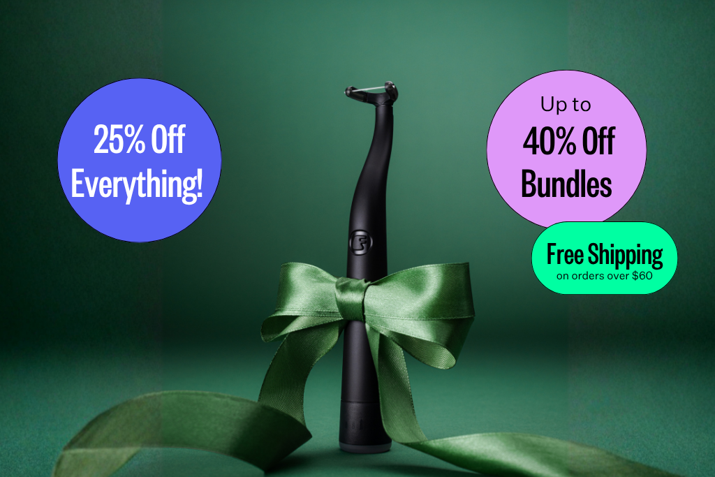 Black toothbrush with green ribbon and discount offers on a green background.