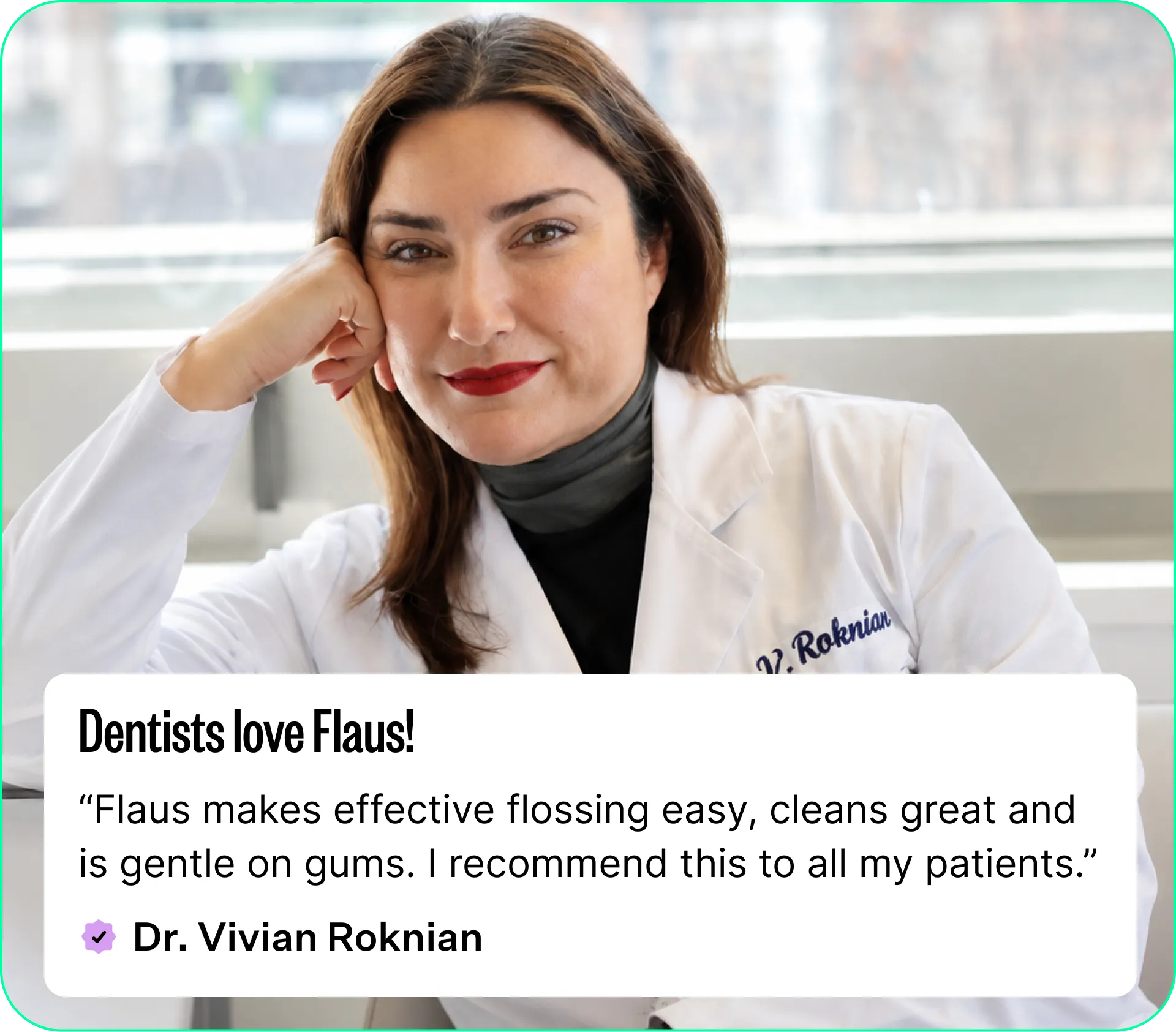 A portrait of Dr. Vivian Roknian in a white lab coat, with a testimonial overlay.