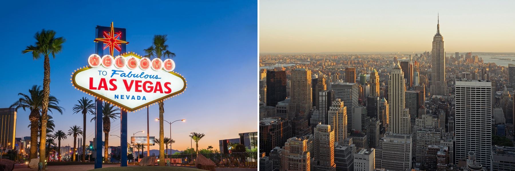 Split image of Las Vegas sign and New York City skyline.