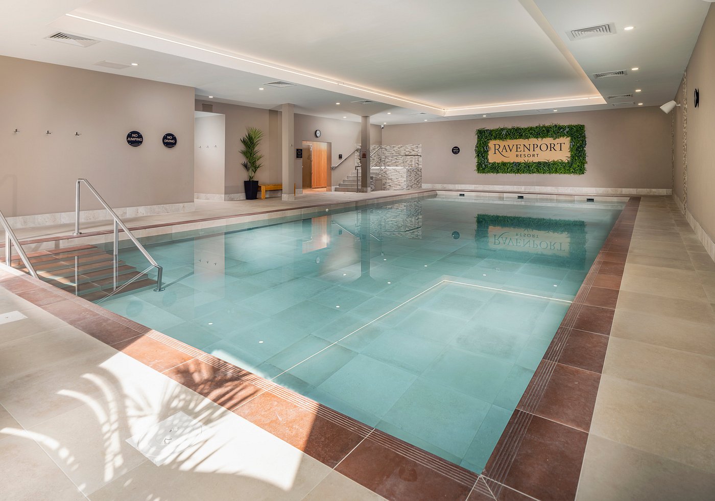 Indoor swimming pool with steps, surrounded by beige walls and a plant.