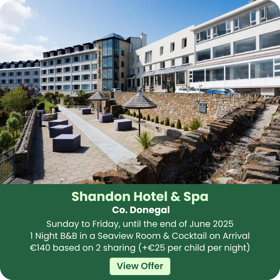 Exterior view of Shandon Hotel & Spa with promotional text overlay.