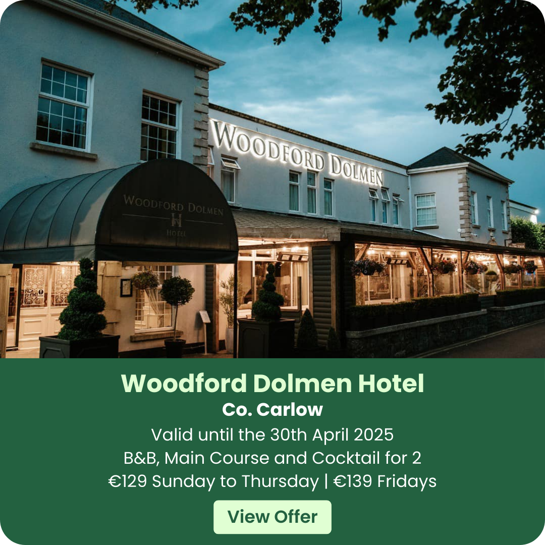 Exterior of Woodford Dolmen Hotel with promotional text overlay.
