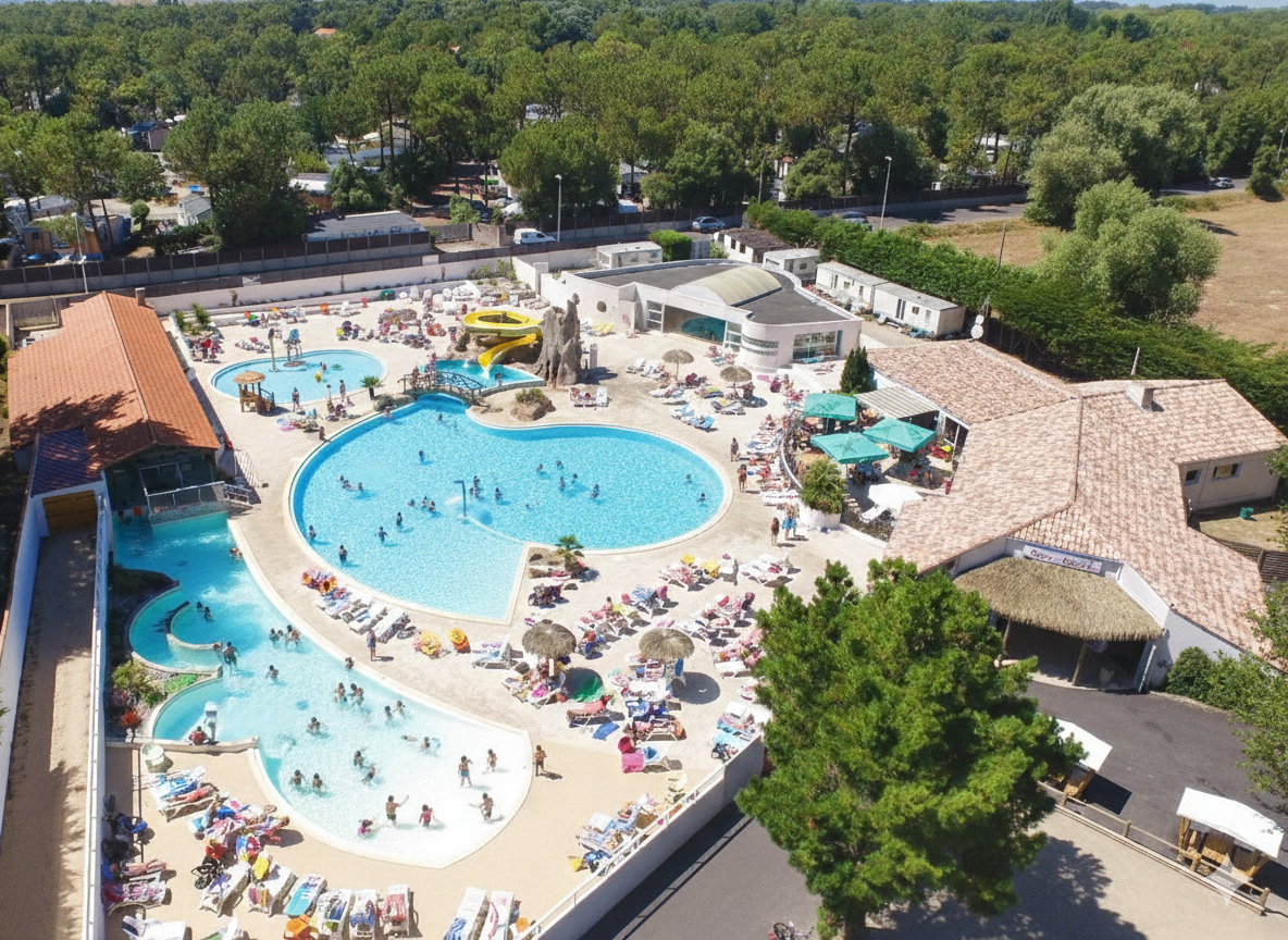 Children slide down a wide, multi-lane blue water slide at a water park surrounded by palm trees.