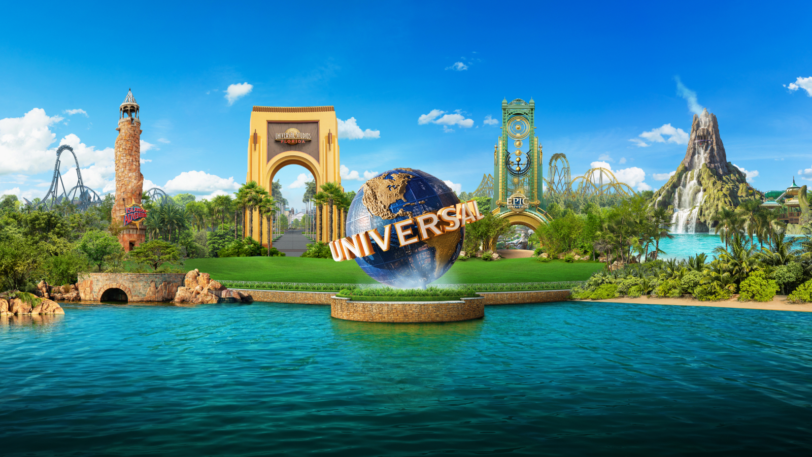 The Universal globe surrounded by iconic landmarks from Universal Orlando's theme parks.