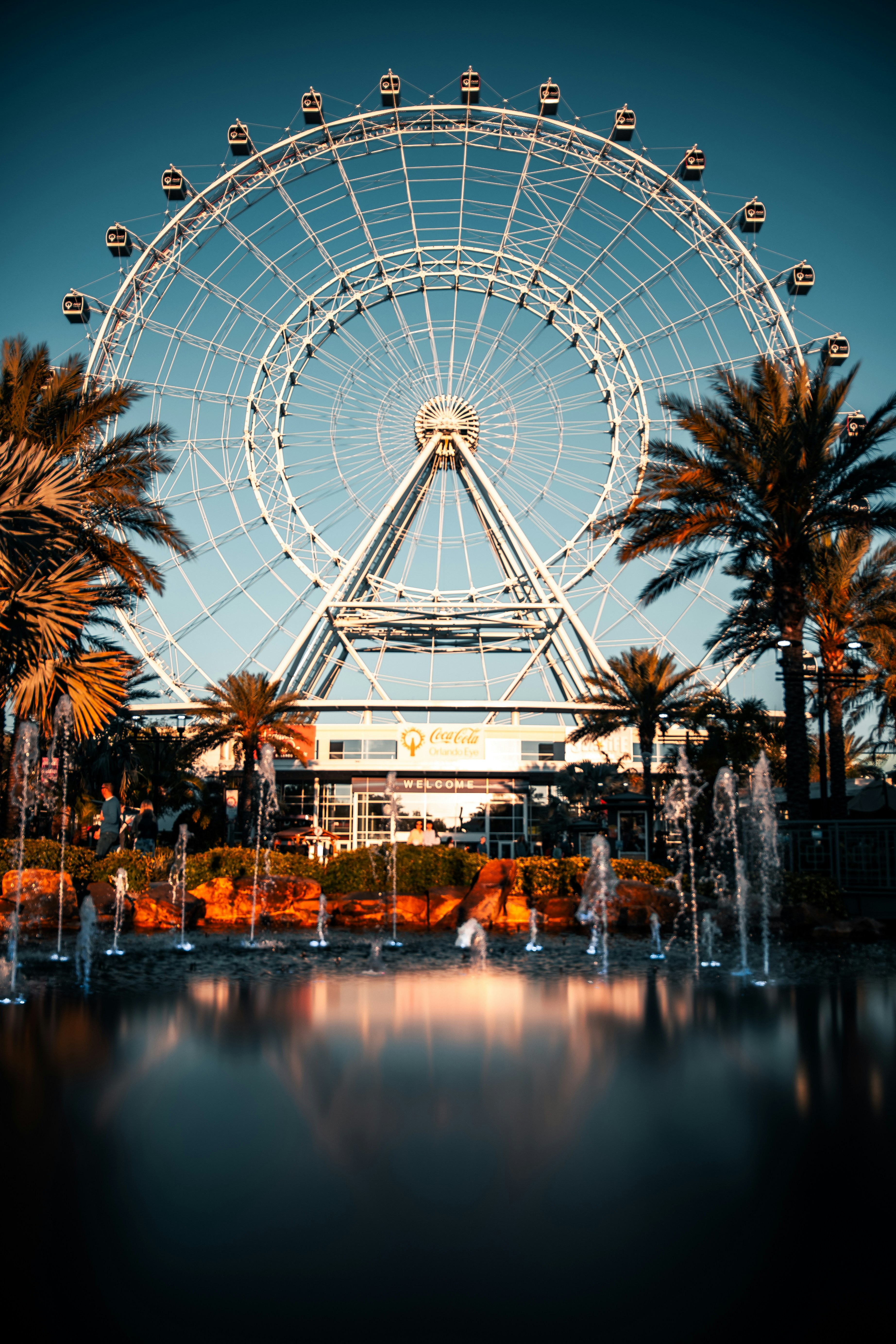 Large Ferris wheel with palm trees and fountains in the foreground.