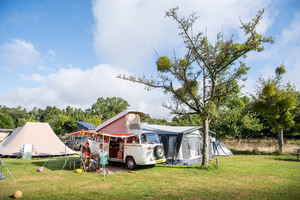 A vintage white camper van with an awning and tents set up on a grassy campsite.