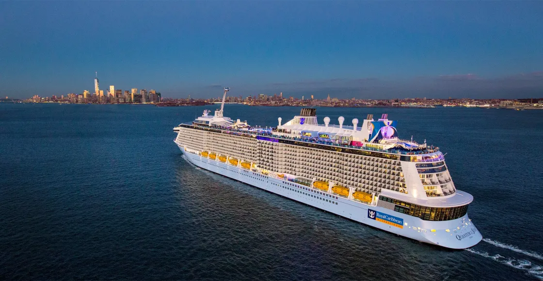 Cruise ship sailing near a city skyline at dusk.