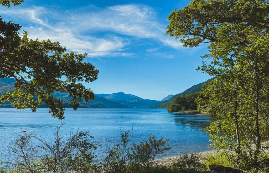 A scenic view of a large blue lake surrounded by mountains and framed by green trees.