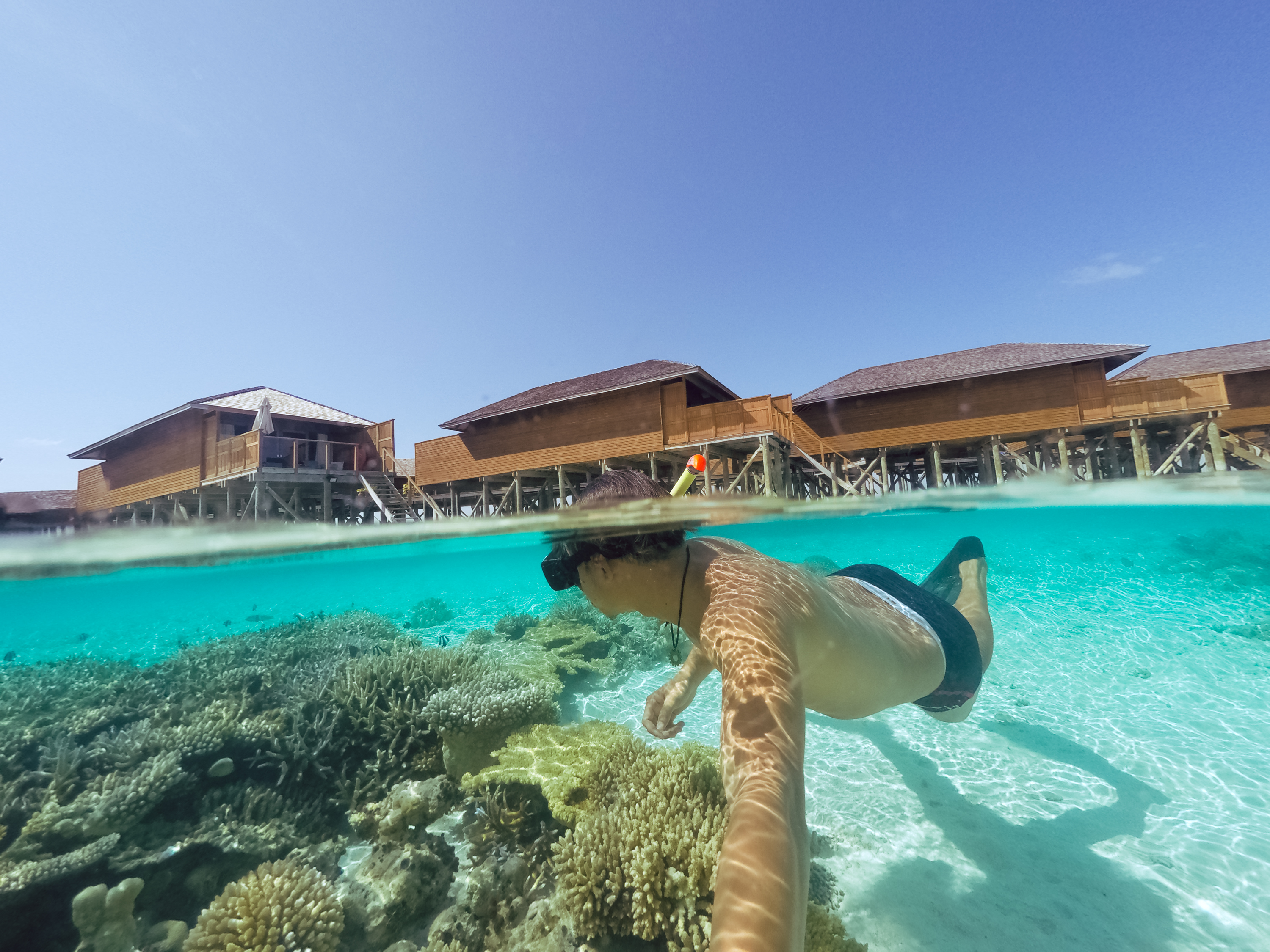 Person snorkeling in clear water near overwater bungalows.