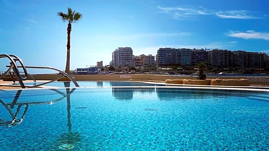 Swimming pool with a palm tree and city skyline in the background.