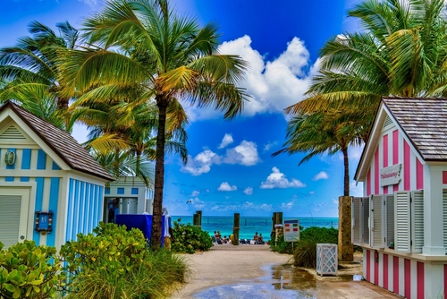 A sandy path between colorful striped beach huts and palm trees leads to the ocean.