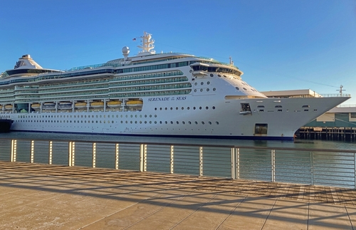 The cruise ship Serenade of the Seas docked at a pier on a sunny day.