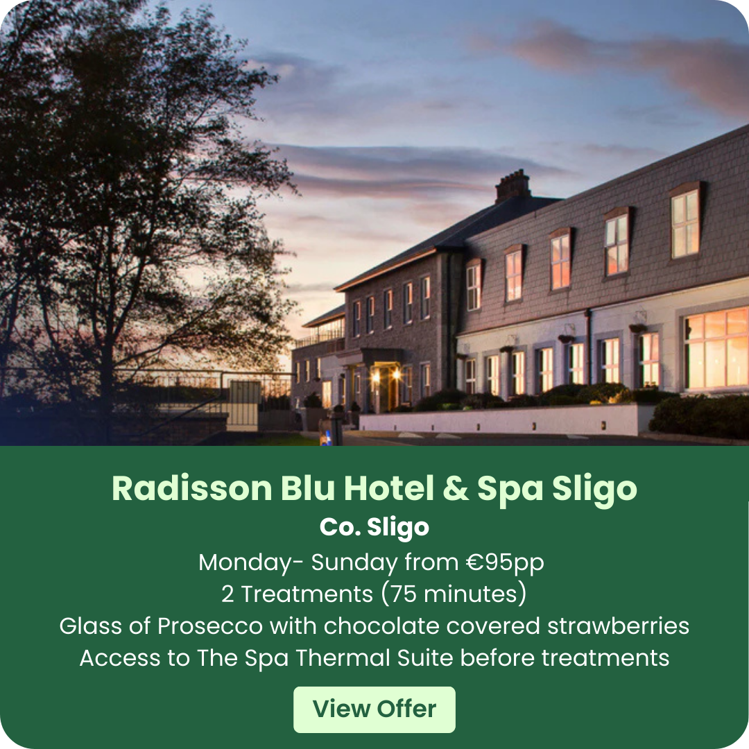 Exterior of Radisson Blu Hotel & Spa Sligo at sunset with promotional text overlay.