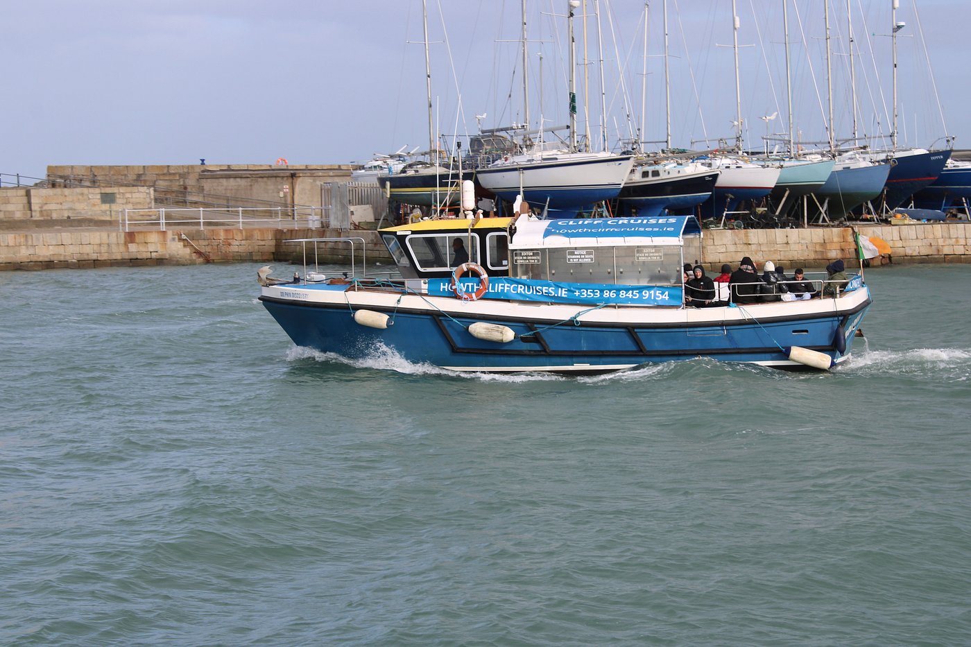 Blue tour boat with passengers in a harbor, docked sailboats in the background.
