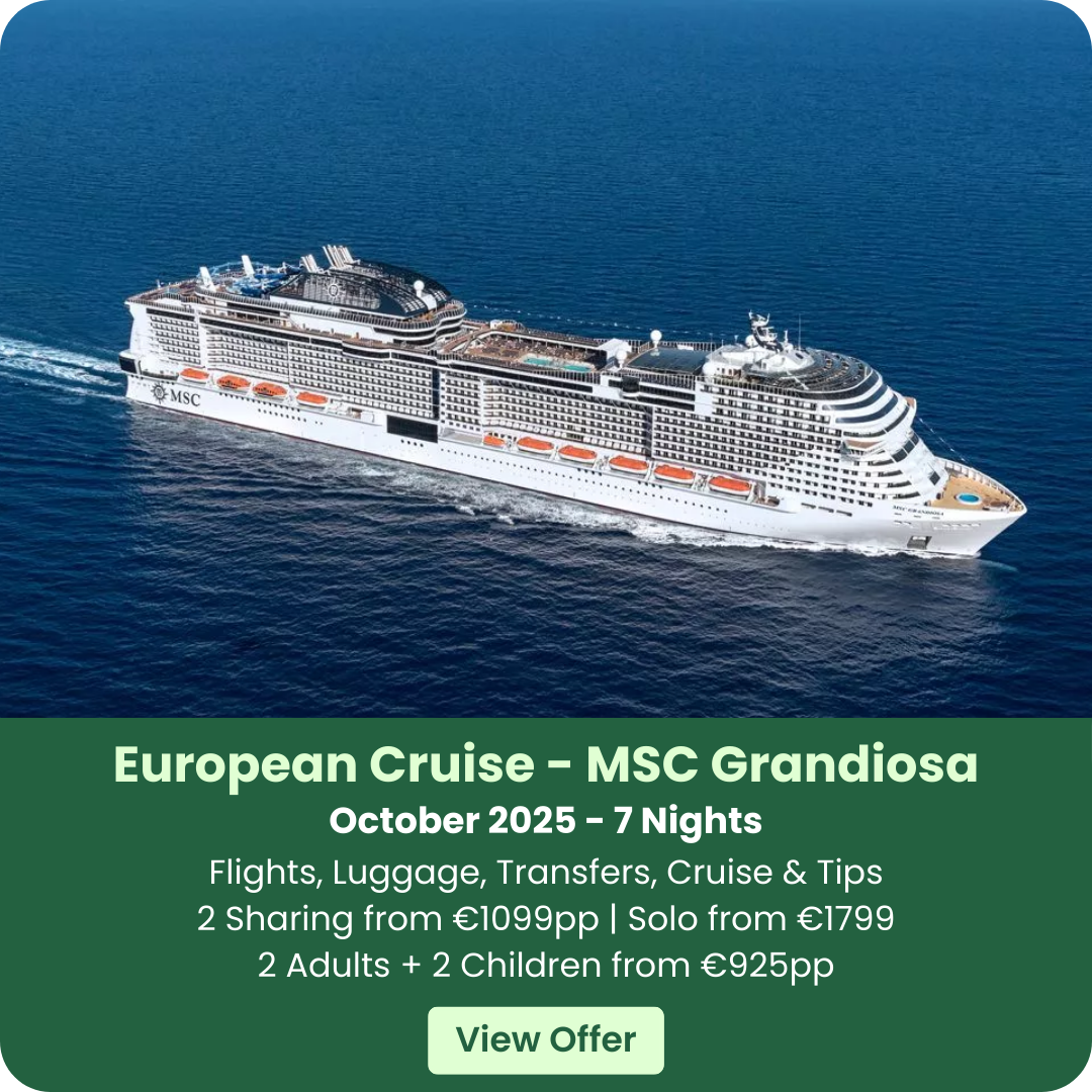 Cruise ship sailing on the ocean with promotional text for a European cruise offer.