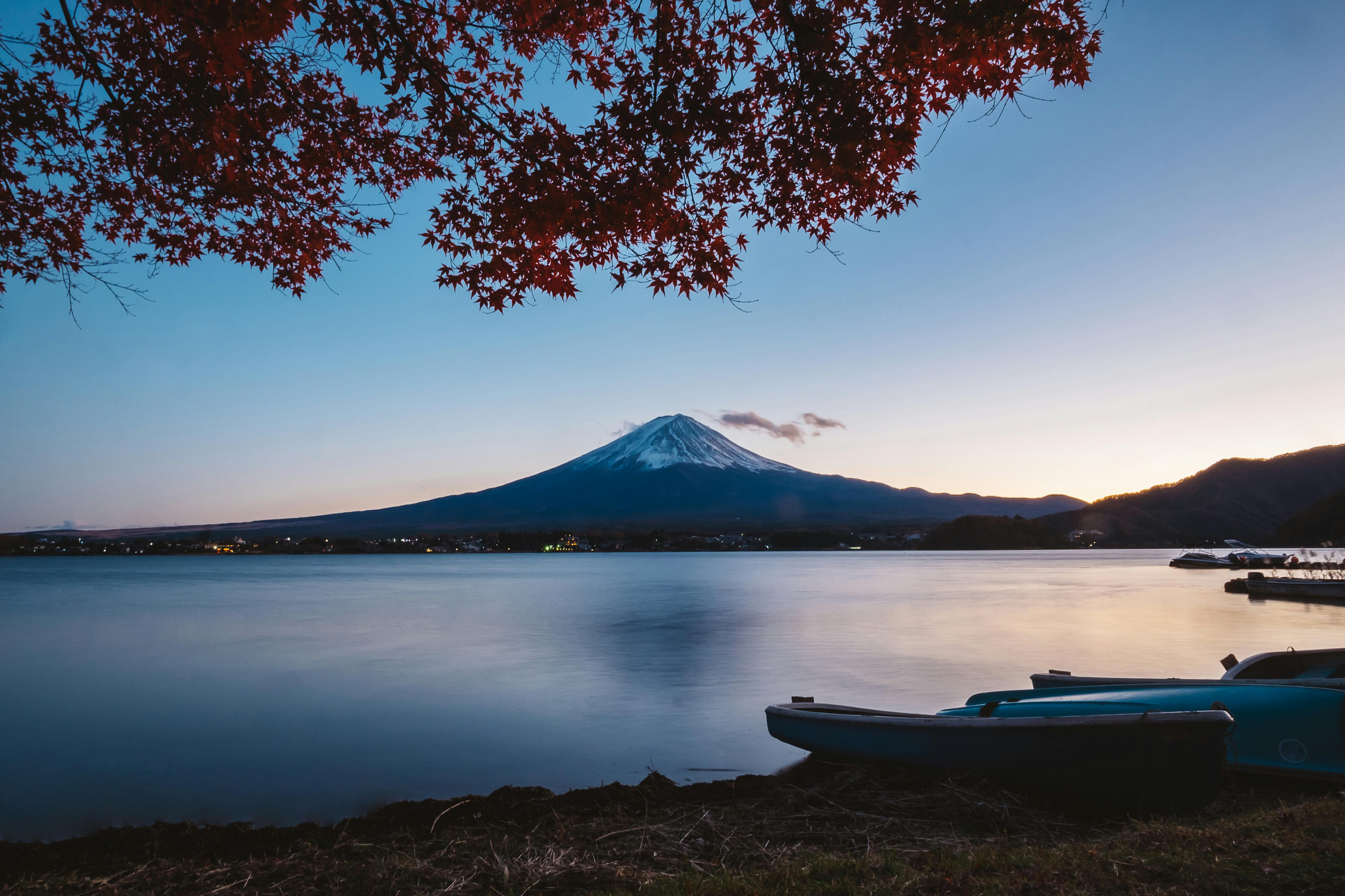 Mountain view over a lake at sunset with red leaves in the foreground.