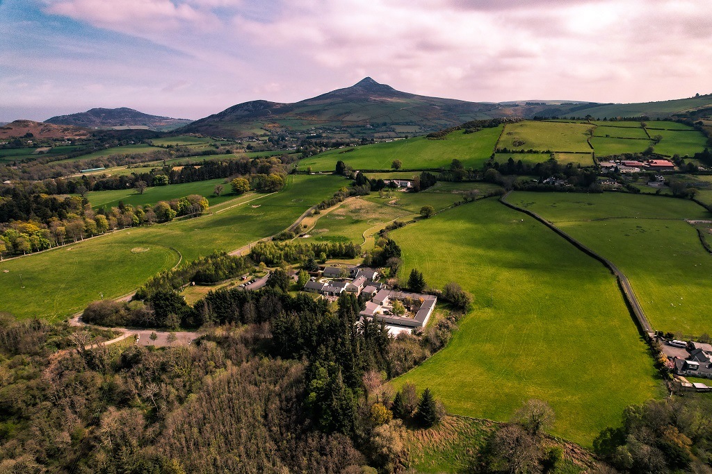 Aerial view of lush green fields with a distant mountain and scattered buildings.