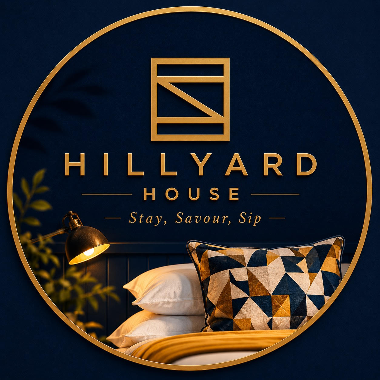The Hillyard House logo superimposed over a close-up image of a well-made bed with a lit lamp.