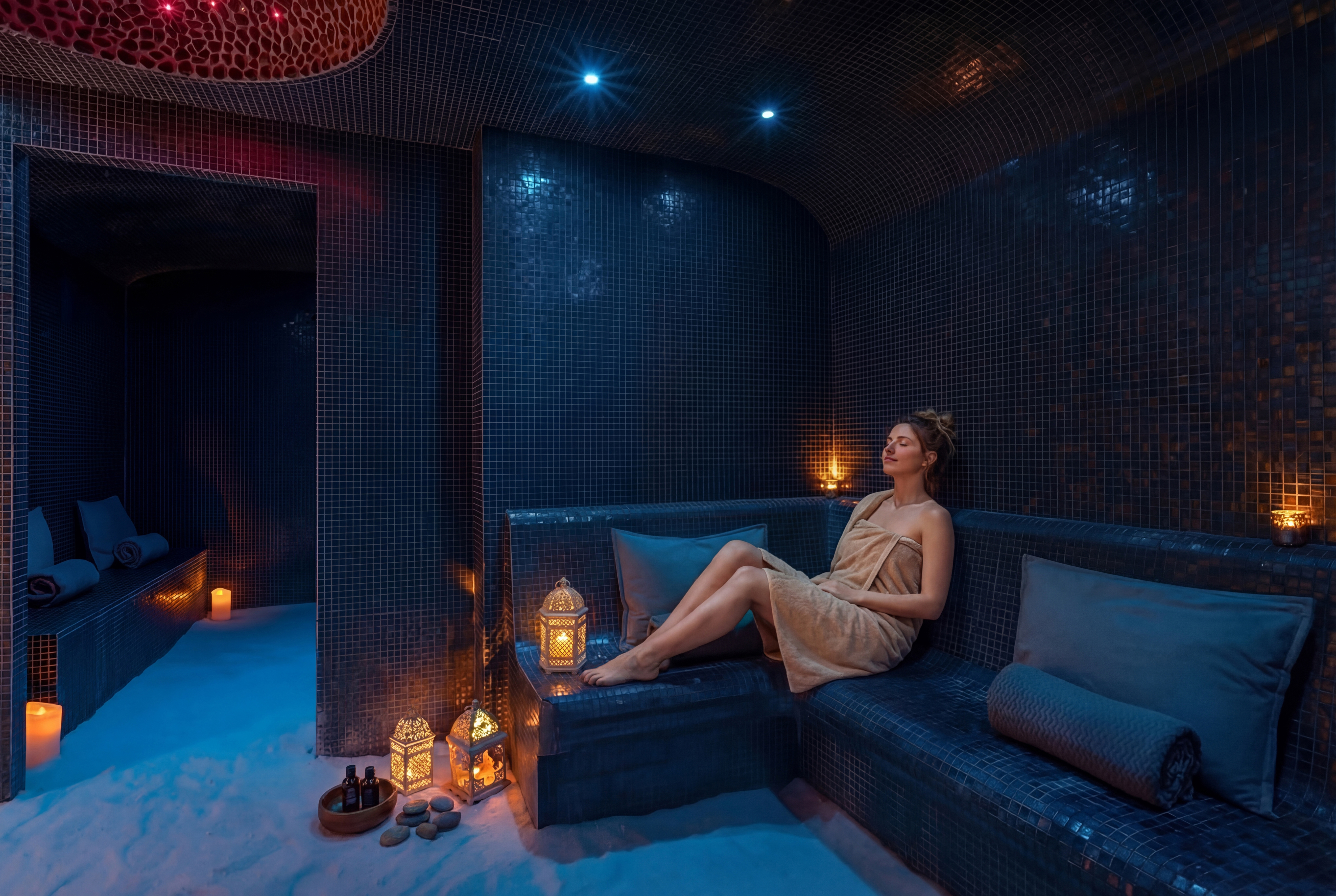 A woman wrapped in a towel relaxes in a dimly lit, blue-tiled room with a snow-covered floor.