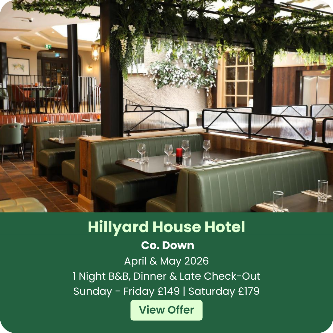 Hotel dining area with green booths and promotional text for Hillyard House Hotel offer.