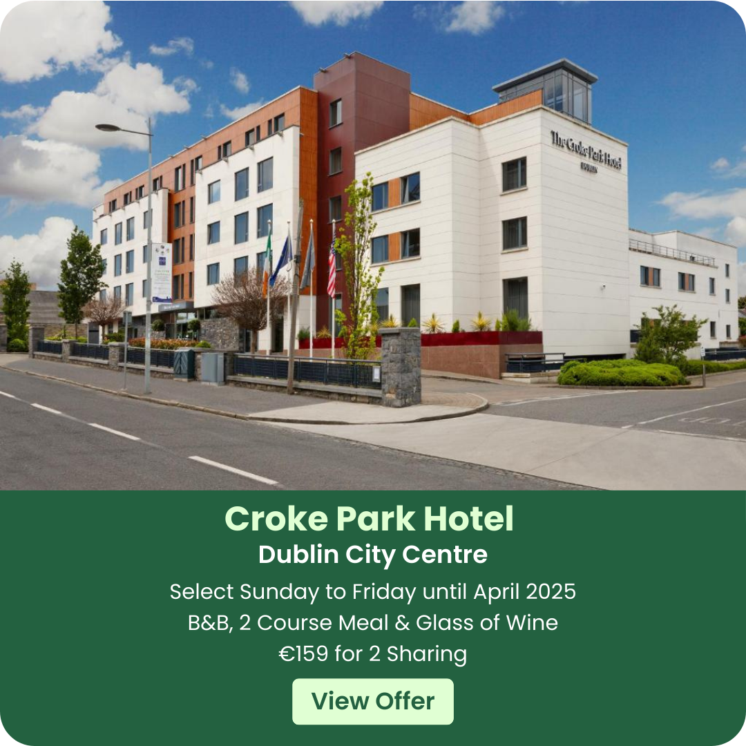 Exterior view of Croke Park Hotel with promotional offer details.