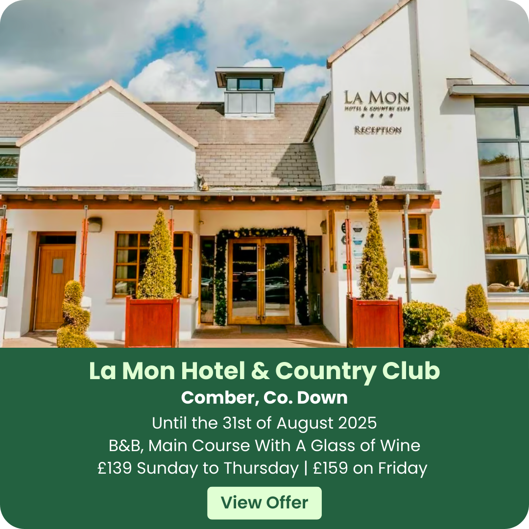 Front view of La Mon Hotel & Country Club with promotional offer details.