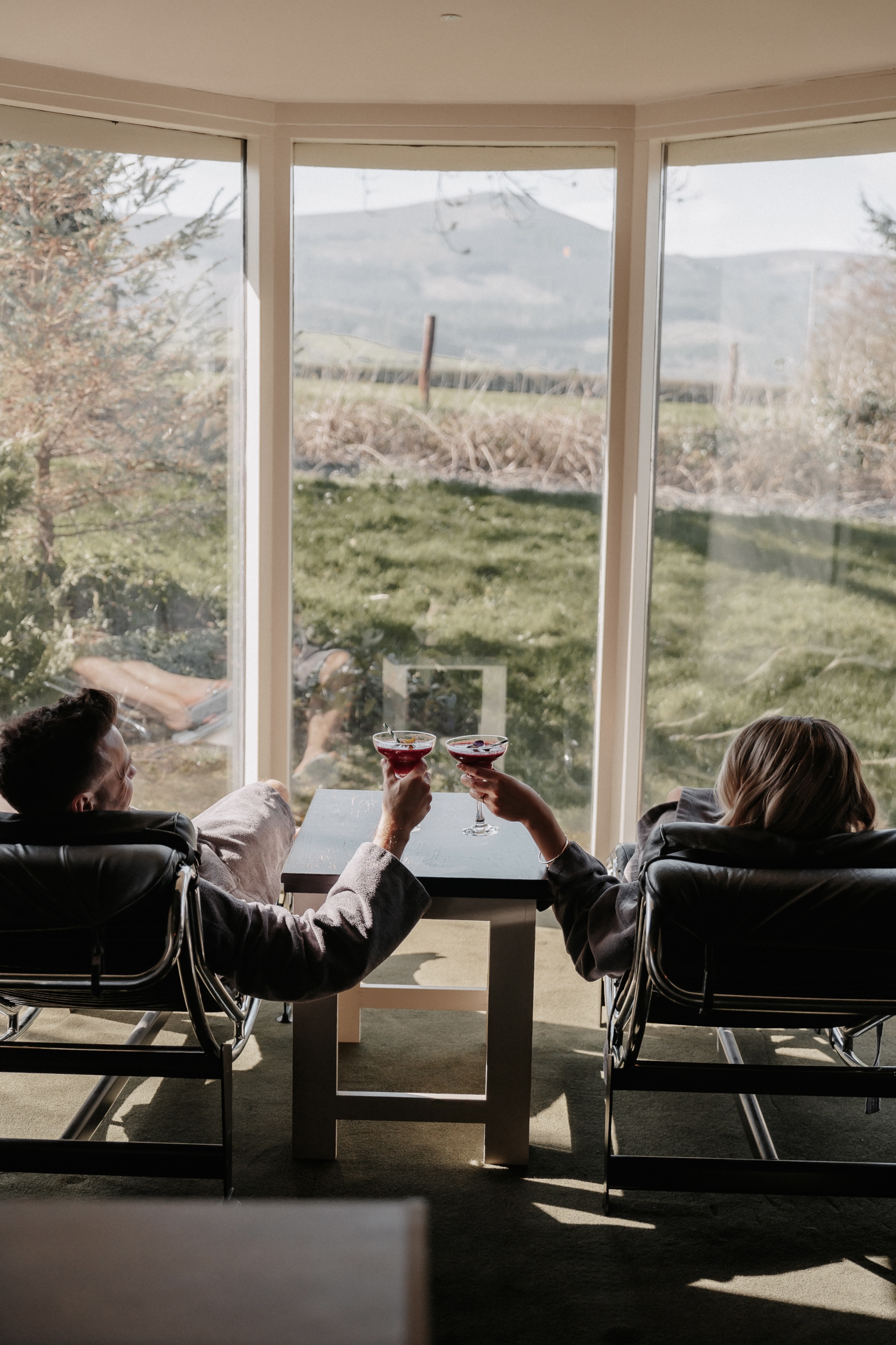 Two people in chairs toasting with drinks by a large window.