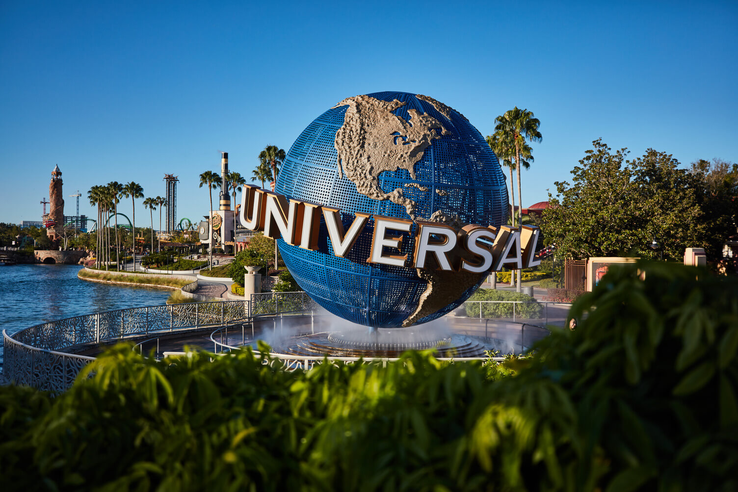 The iconic Universal globe sits in a fountain at the entrance to the Universal Studios theme park.
