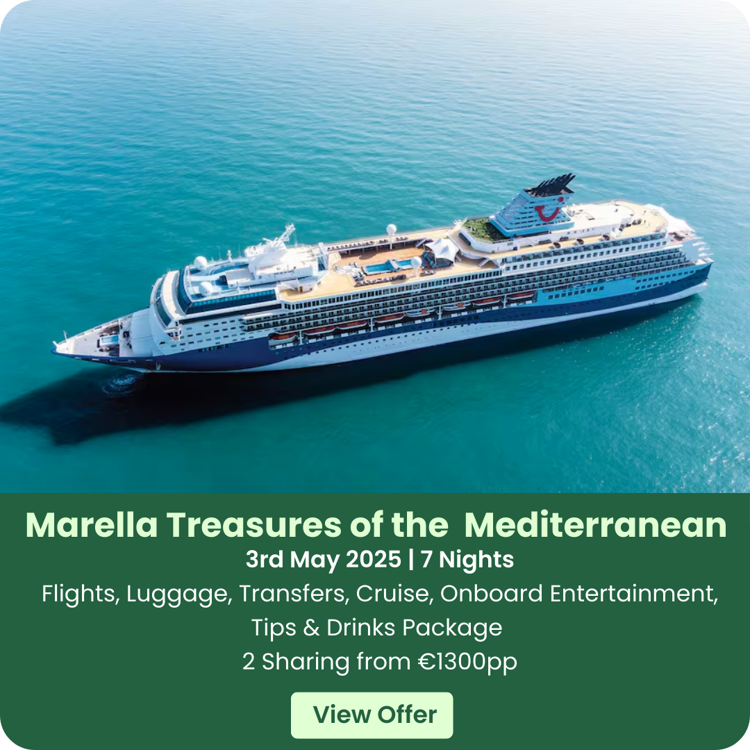Aerial view of a cruise ship on the ocean with travel offer details below.