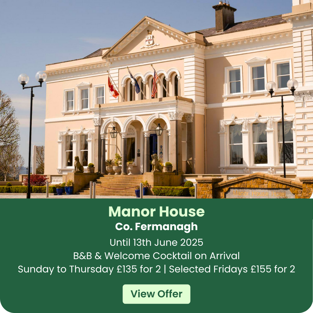 Elegant manor house with flags, surrounded by greenery, promotional text overlay at bottom.