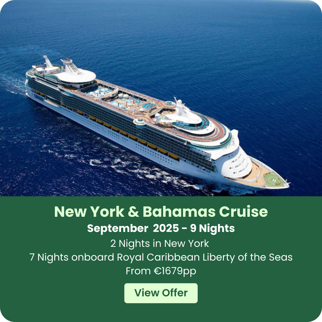 Cruise ship sailing on the ocean with promotional text for a New York & Bahamas cruise.