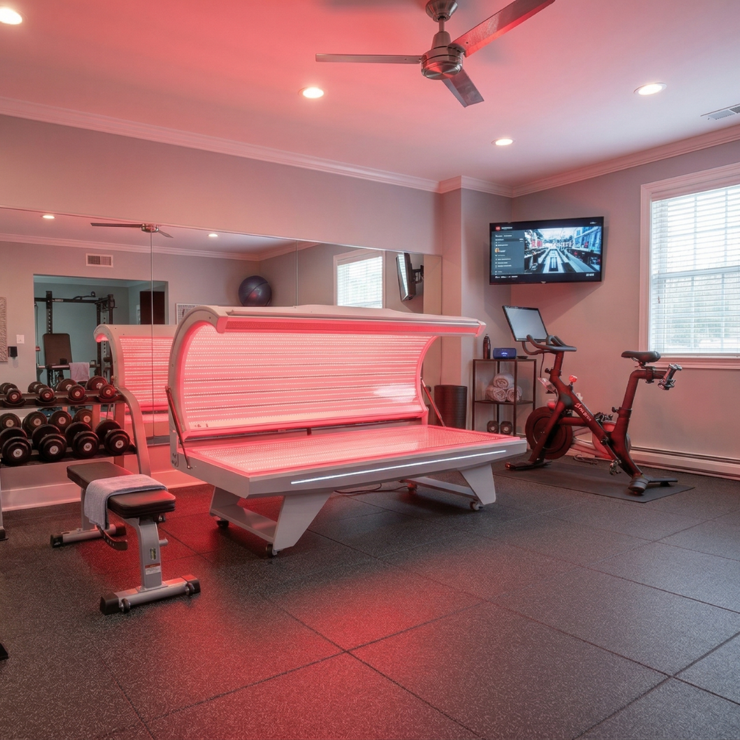 A home gym with a glowing red light therapy bed, exercise bike, and dumbbell rack.