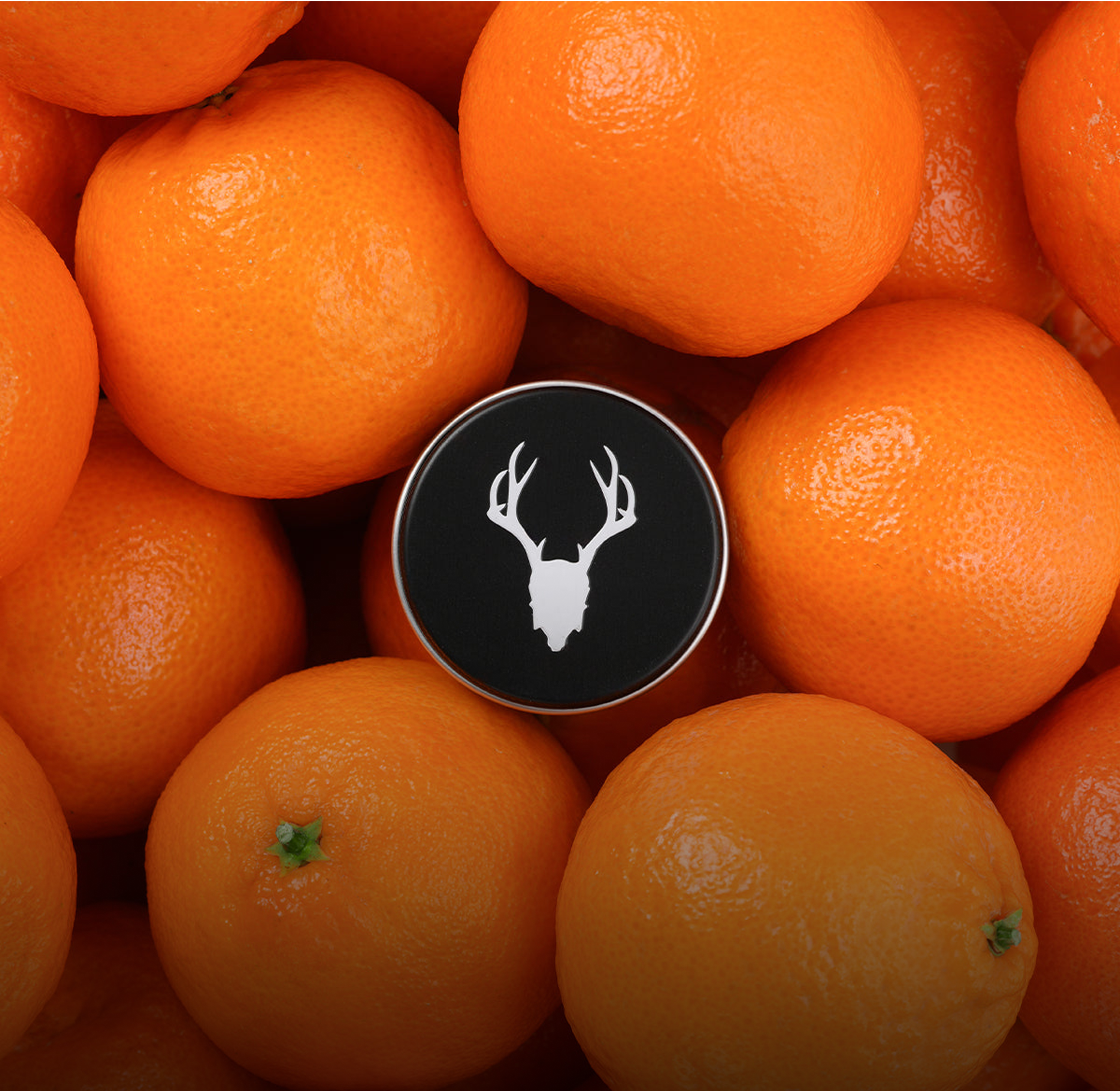 A black circular object with a deer logo among bright orange fruits.