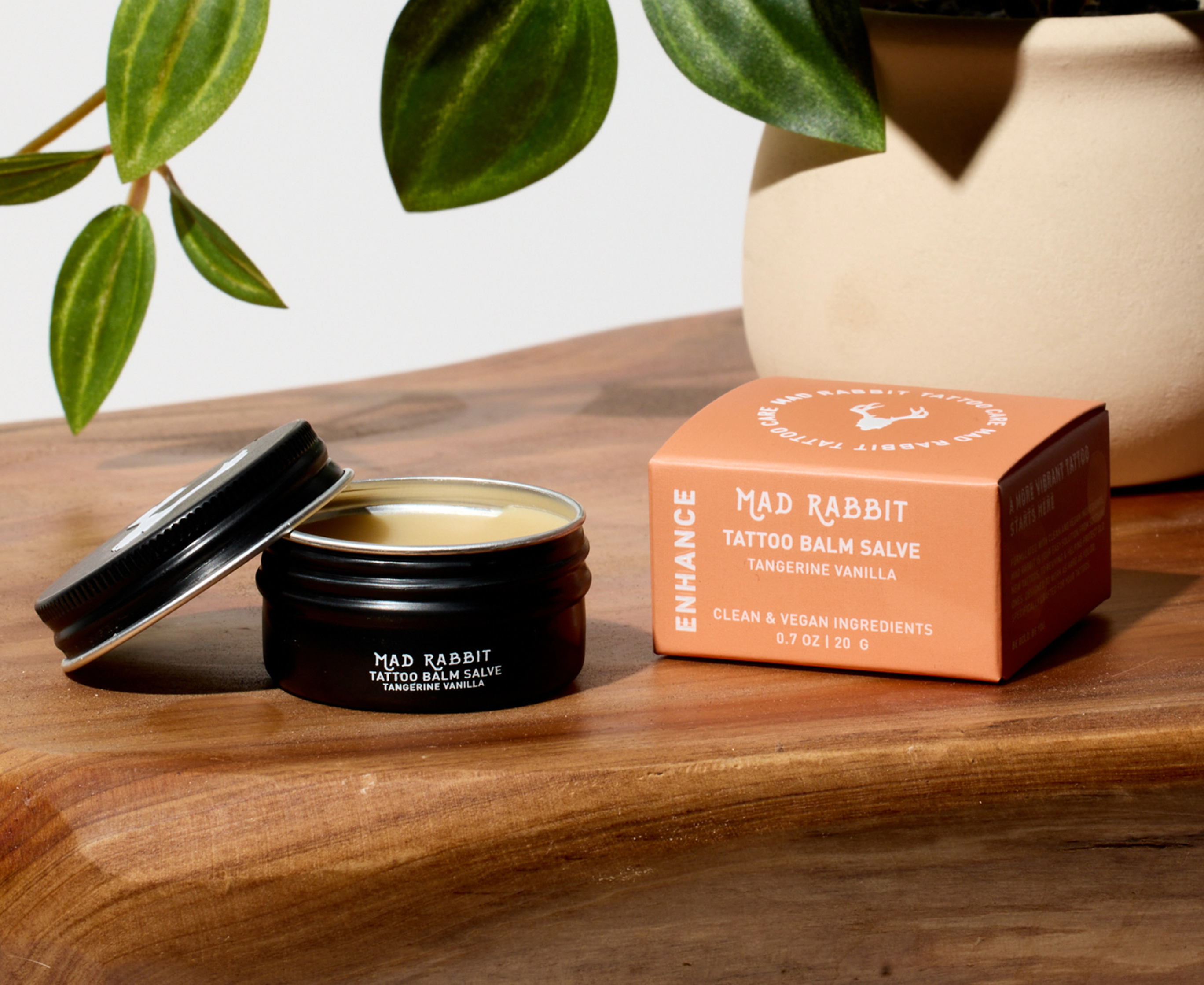 Tattoo balm salve and packaging on a wooden surface with plant in background.