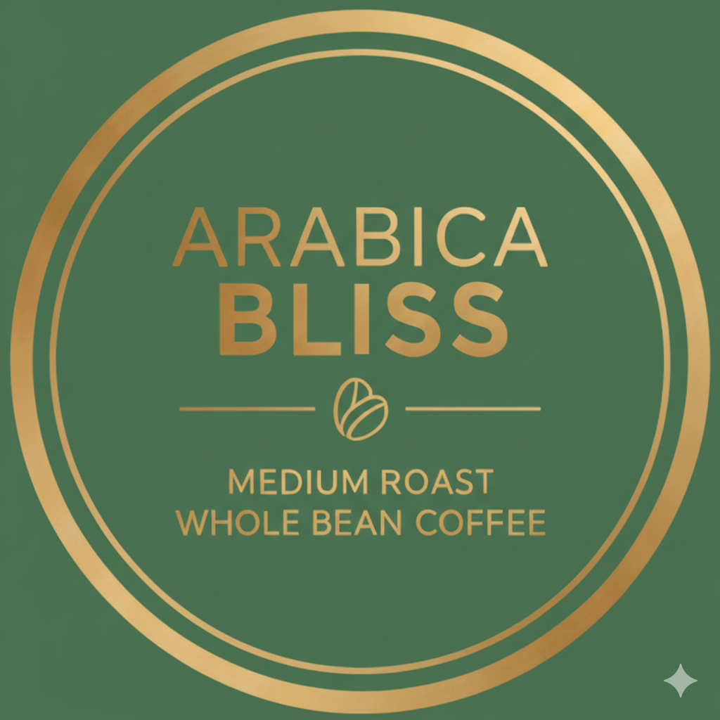 Logo for Arabica Bliss medium roast whole bean coffee, with gold text on a green background.