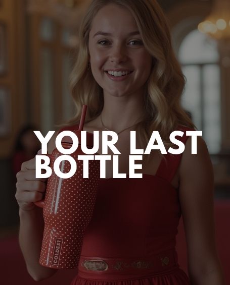 Smiling person holding a red polka dot bottle with text overlay 'Your Last Bottle.'
