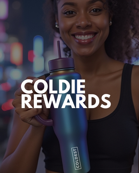 Smiling person holding a colorful water bottle with 'Coldie Rewards' text overlay.