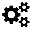 Three black gear icons on a white background.