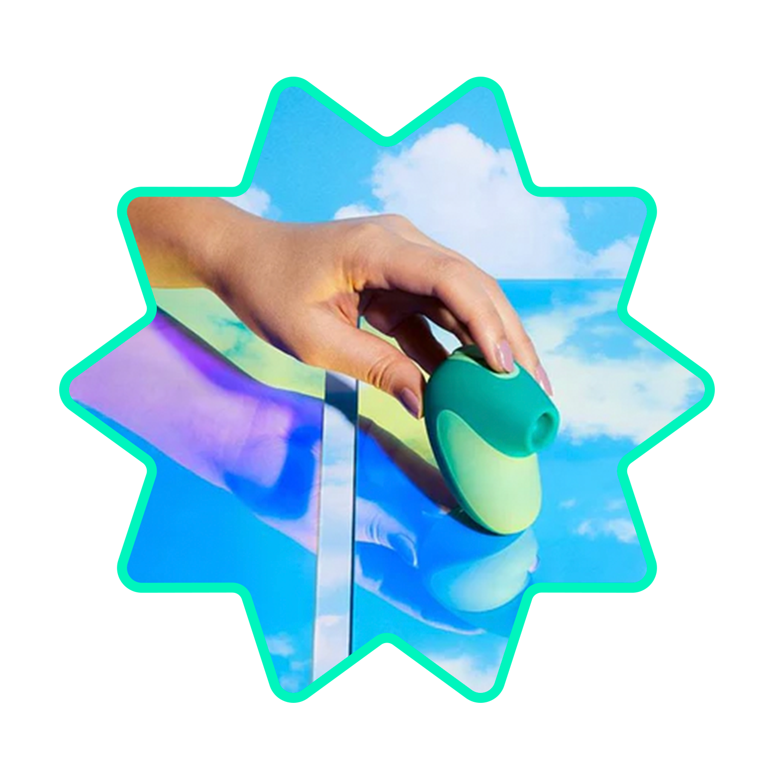 A hand holding a small, two-toned green device against a reflective surface with a sky and clouds.