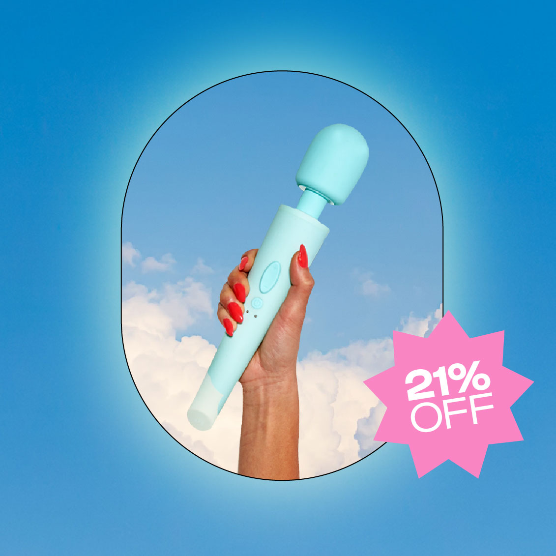 A hand with red nails holds a light blue wand vibrator against a blue sky with a 21% off graphic.